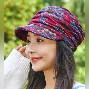 New , Floral Red Women's newsboy retro hat with brim one size